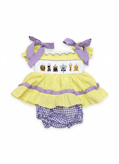 Handsmocked Party Animals Bloomer set