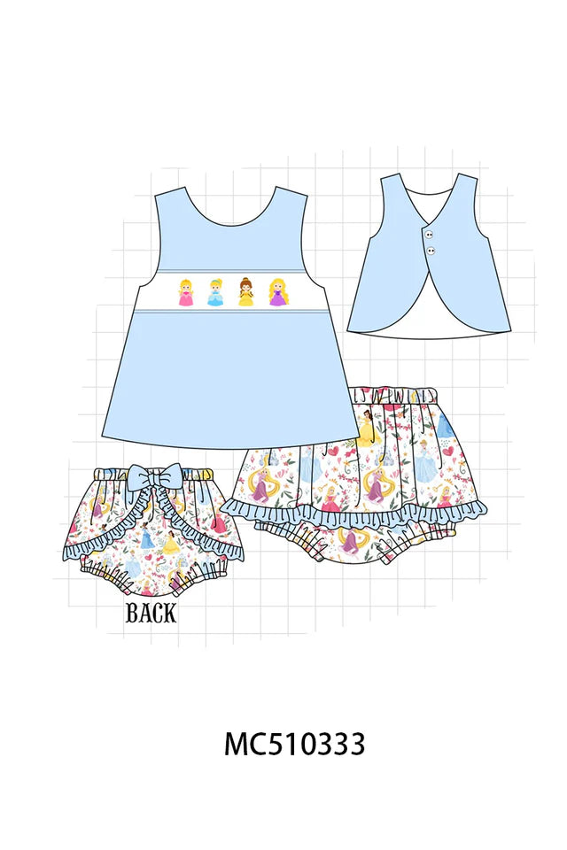 BLUE CHARACTER EMBROIDERY RUFFLE BLOOMER SET