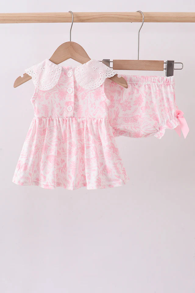 PINK BUNNY SMOCKED LACE COLLAR BOW BLOOMER SET