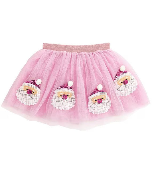 Sequin-Embellished Santa Face Applique Layered Mesh Skirt