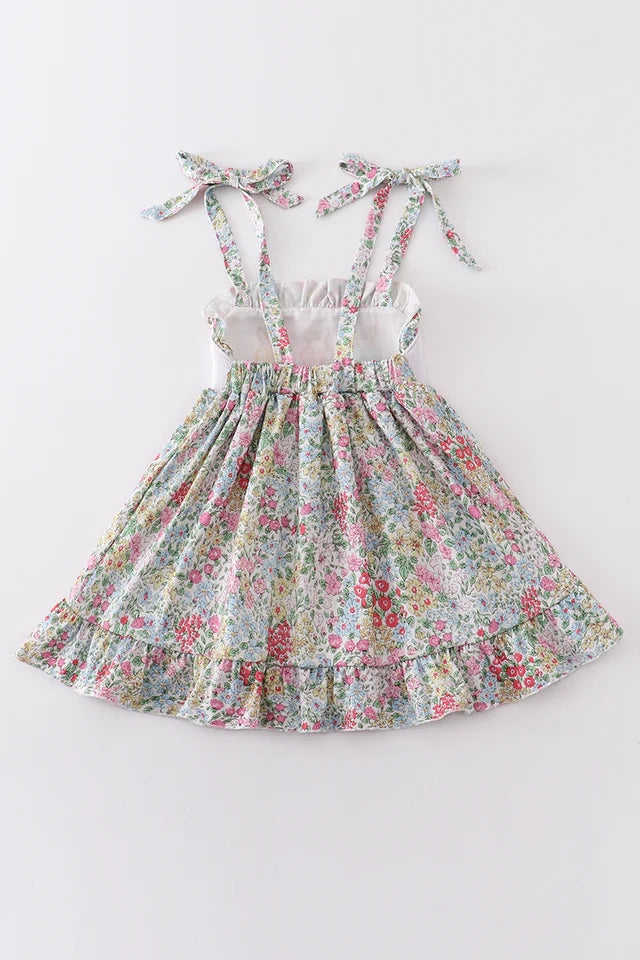 FLORAL PRINT BUNNY EMBROIDERY SMOCKED GIRL DRESS