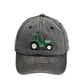 Gray and green tractor hat with durable material for sun protection.