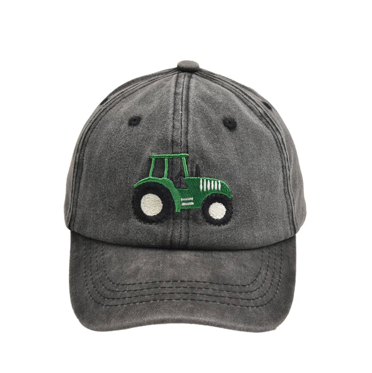 Gray and green tractor hat with durable material for sun protection.