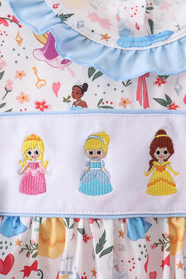 BLUE CHARACTER EMBROIDERY BOW RUFFLE BUBBLE
