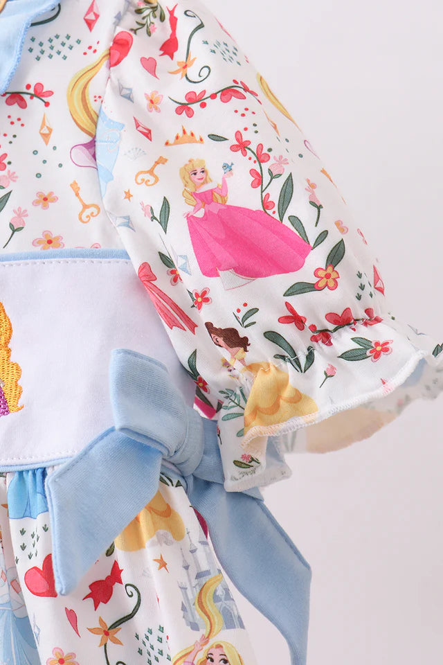 BLUE CHARACTER EMBROIDERY BOW RUFFLE BUBBLE