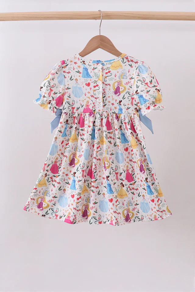 BLUE CHARACTER EMBROIDERY BOW RUFFLE DRESS