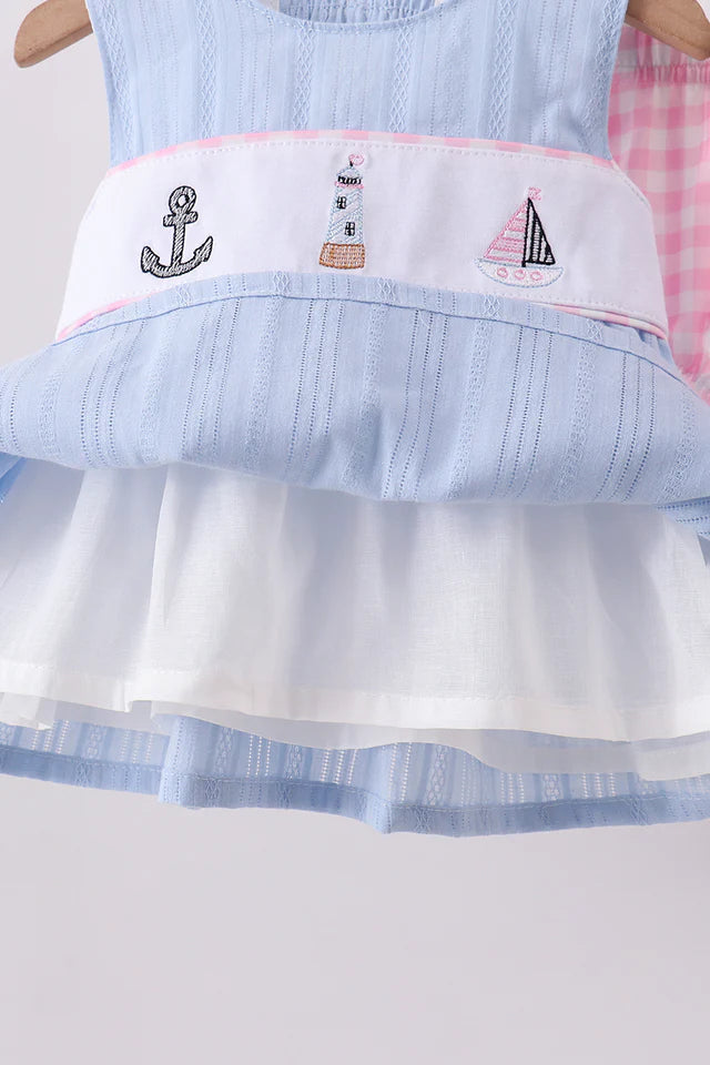 BLUE SAILBOAT EMBROIDERY JACQUARD BLOOMER SET