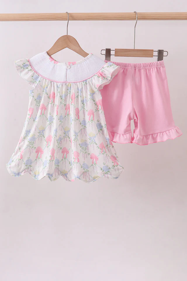 FLORAL PRINT BIG SISTER SMOCKED RUFFLE SHORTS SET