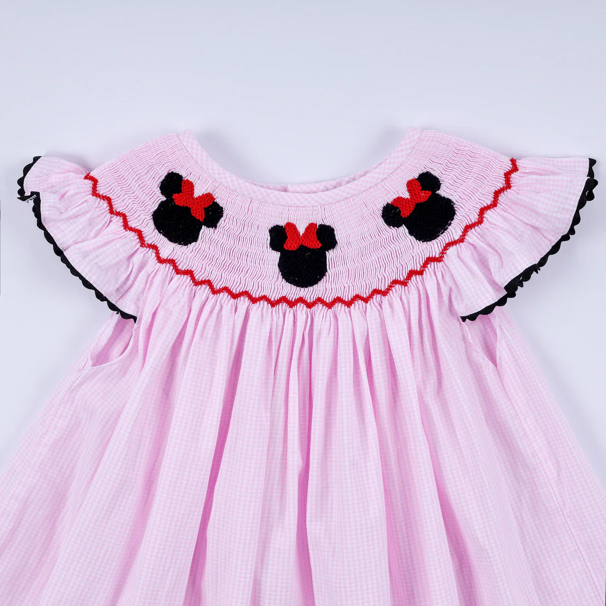RED CHARACTER HAND SMOCKED PLAID RUFFLE DRESS