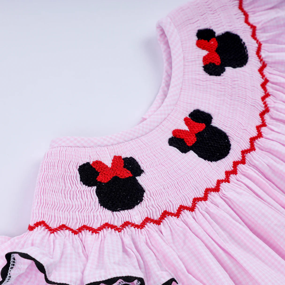 RED CHARACTER HAND SMOCKED PLAID RUFFLE DRESS