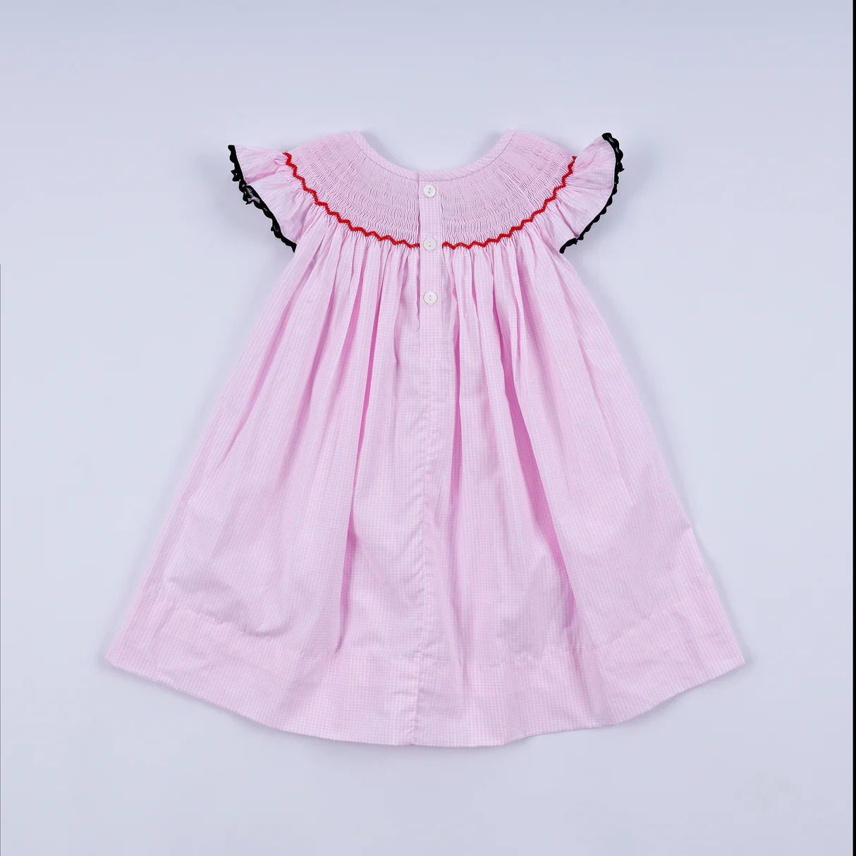 RED CHARACTER HAND SMOCKED PLAID RUFFLE DRESS