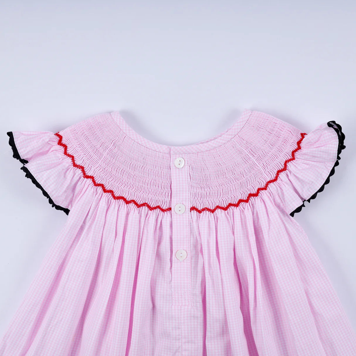 RED CHARACTER HAND SMOCKED PLAID RUFFLE DRESS