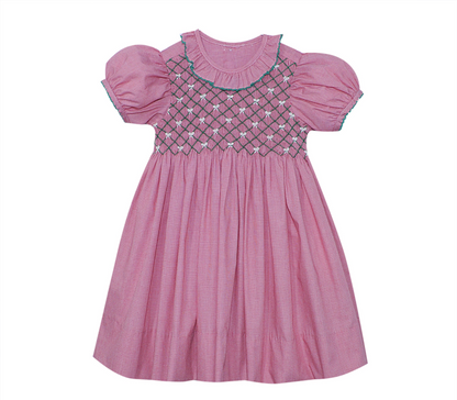 Red. Smocked Heirloom Dress with Collar