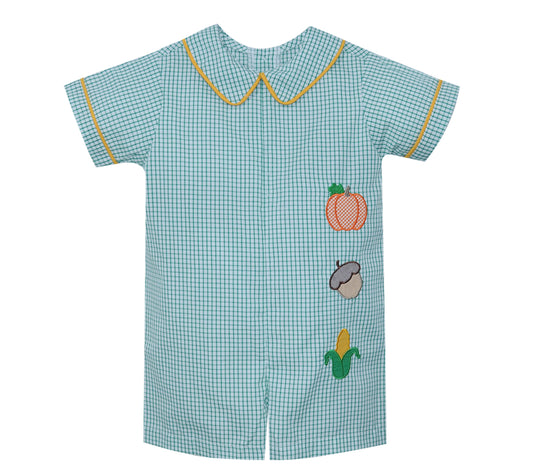 Green Gingham Boys Fall Romper