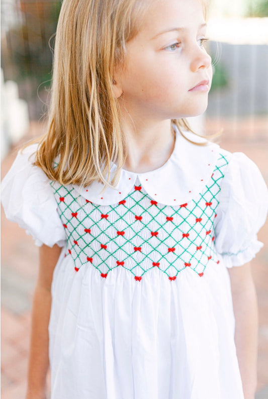 Channing Dress-Red & Green Christmas Smocked w/Collar