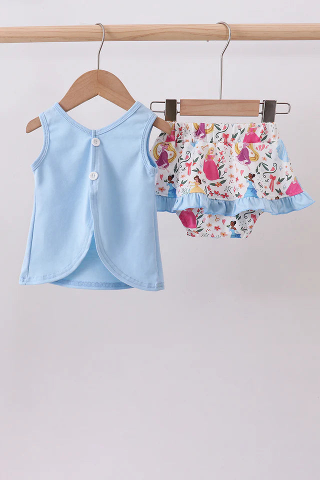 BLUE CHARACTER EMBROIDERY RUFFLE BLOOMER SET