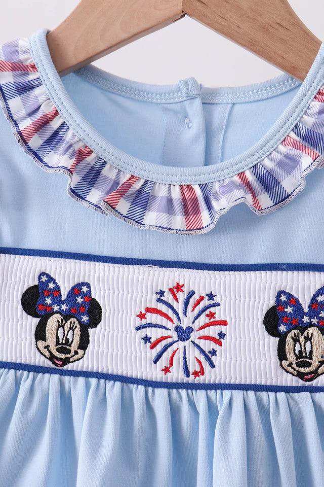 BLUE PATRIOTIC CHARACTER FIREWORKS SMOCKED PLAID BLOOMER SET