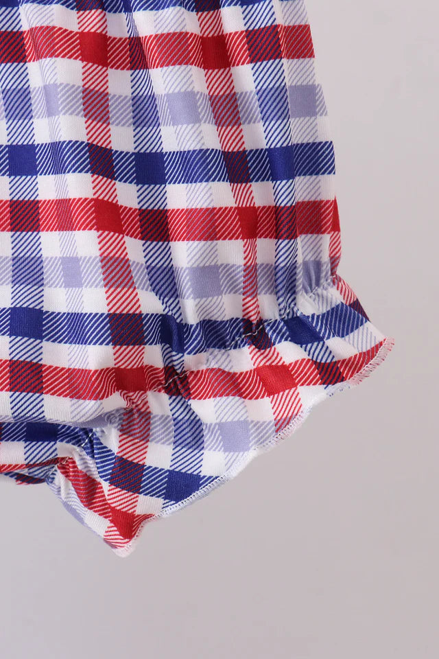 BLUE PATRIOTIC CHARACTER FIREWORKS SMOCKED PLAID BLOOMER SET