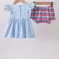 BLUE PATRIOTIC CHARACTER FIREWORKS SMOCKED PLAID BLOOMER SET