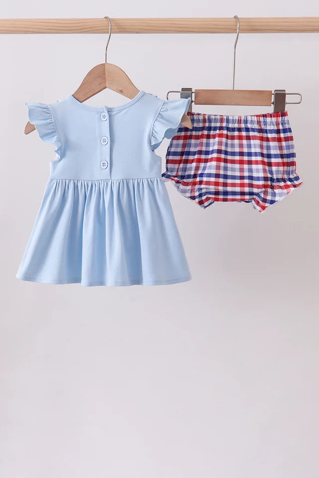 BLUE PATRIOTIC CHARACTER FIREWORKS SMOCKED PLAID BLOOMER SET