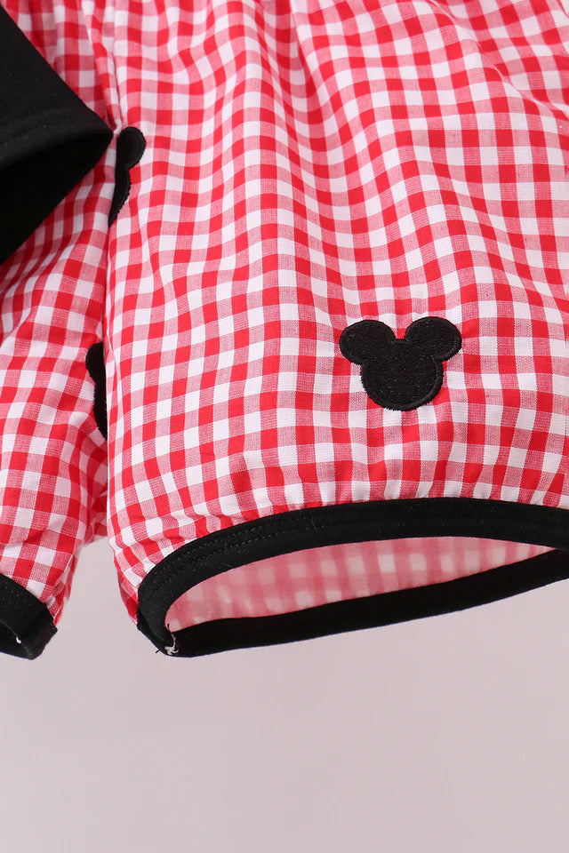 RED CHARACTER EMBROIDERY GINGHAM SHORTS SET