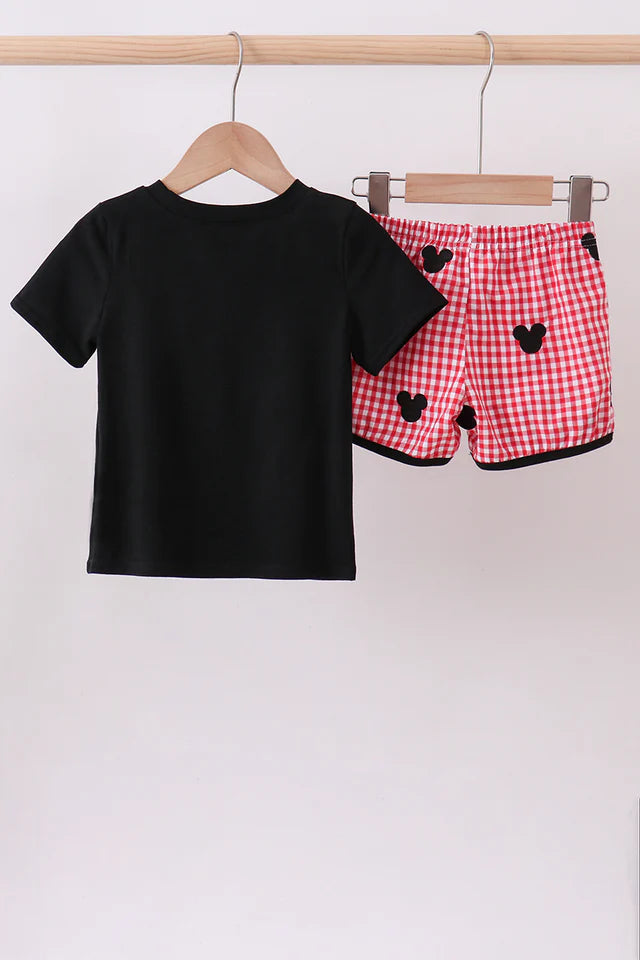 RED CHARACTER EMBROIDERY GINGHAM SHORTS SET