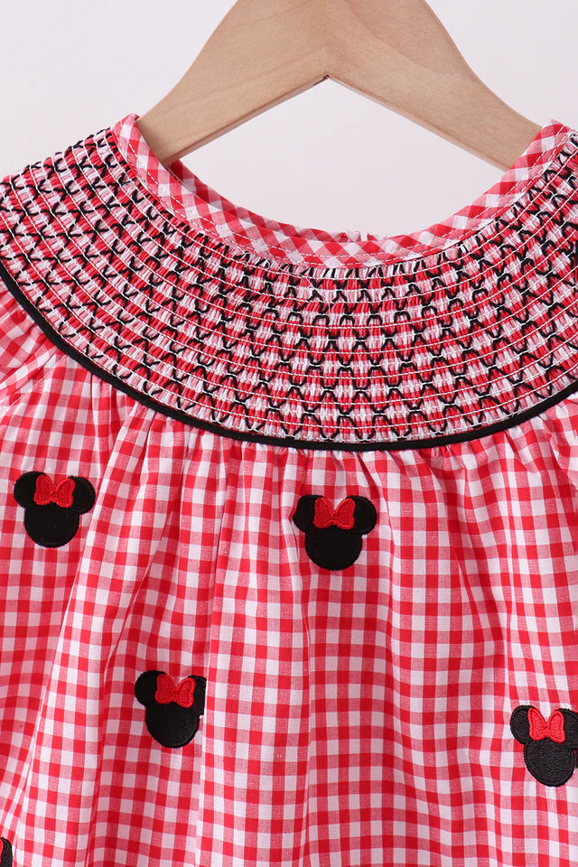 RED CHARACTER SMOCKED GINGHAM SHORTS SET