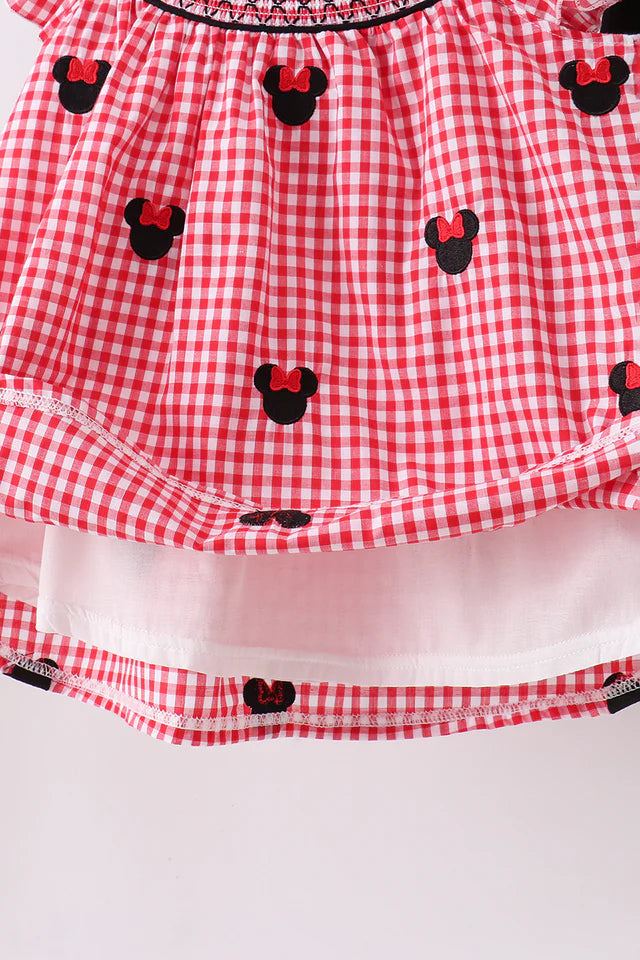RED CHARACTER SMOCKED GINGHAM SHORTS SET