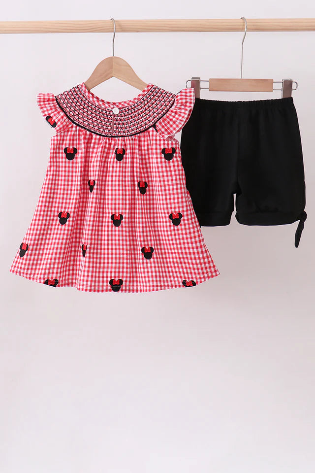 RED CHARACTER SMOCKED GINGHAM SHORTS SET