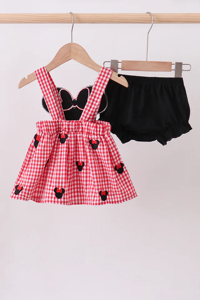 RED CHARACTER EMBROIDERY GINGHAM BLOOMER SET