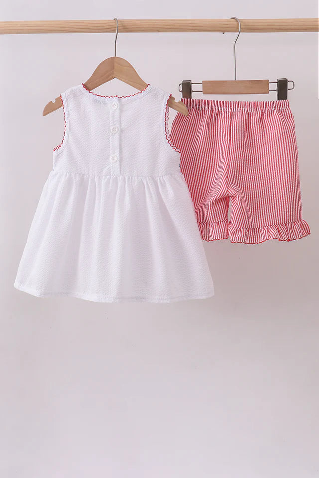 PINK FLAG SMOCKED RUFFLE SHORTS SET