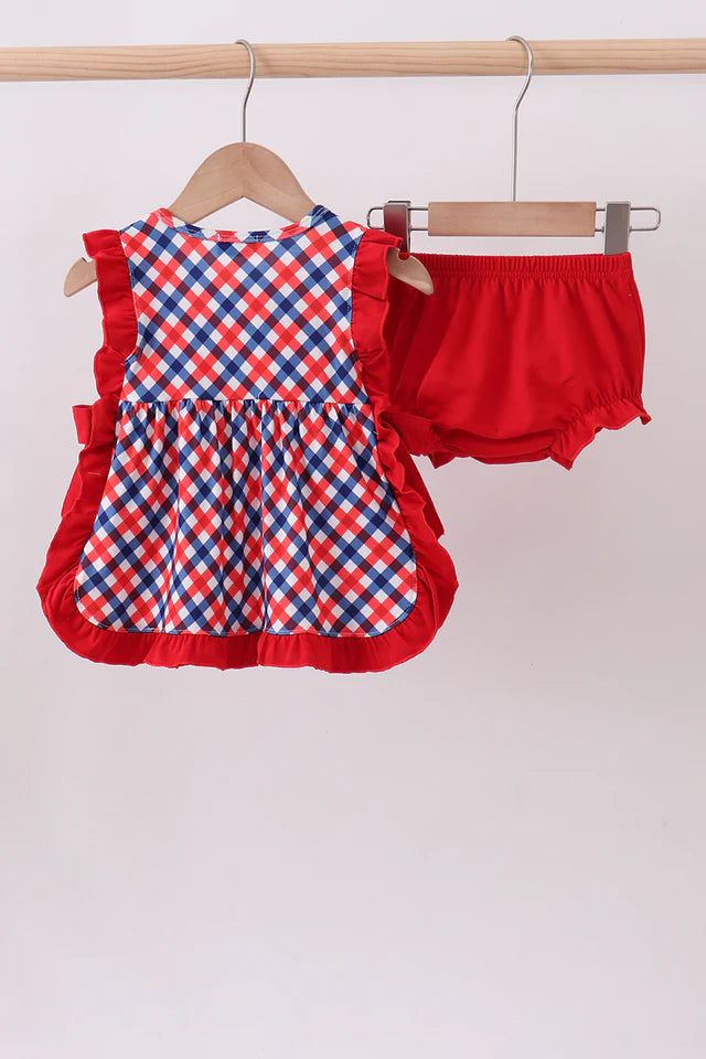 RED FLAG FIREWORKS EMBROIDERY RUFFE BLOOMER SET