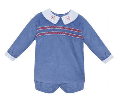 Long Sleeve Blue corded Santa Short Set