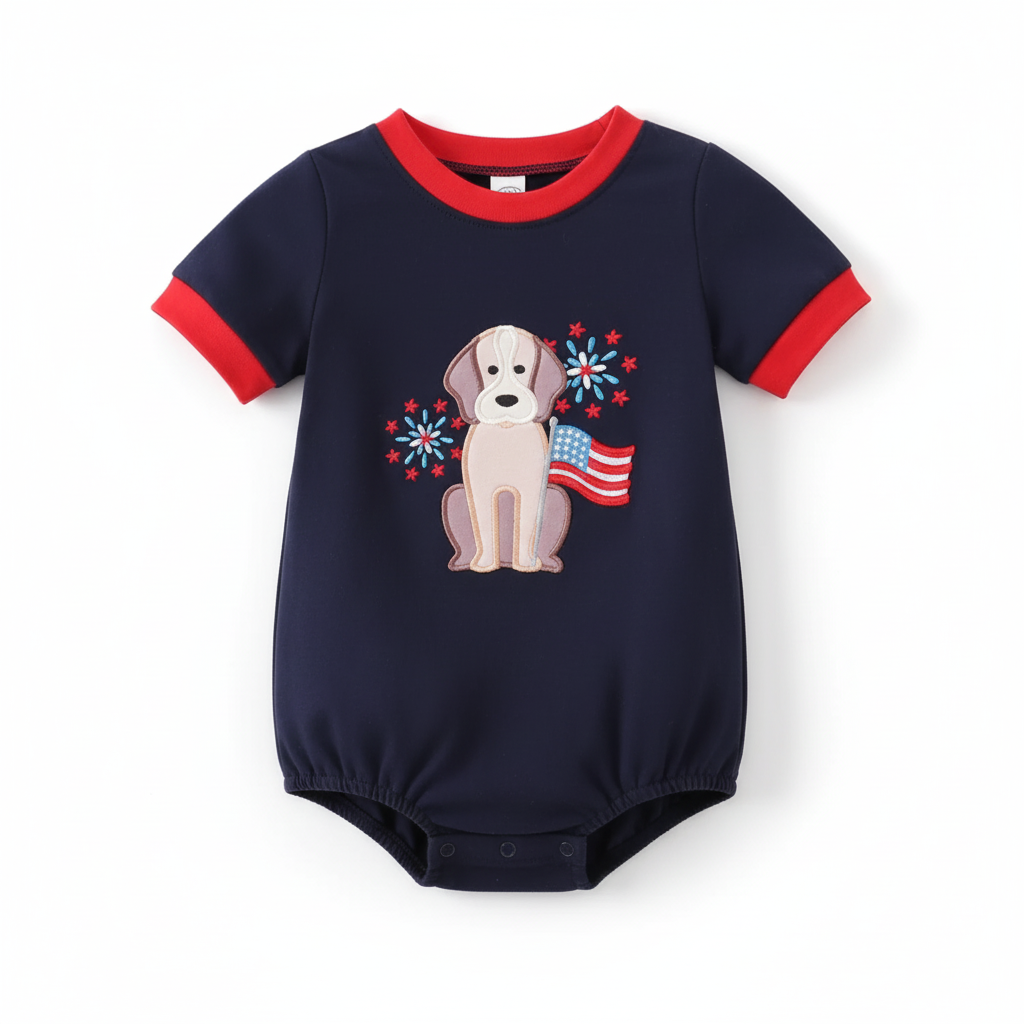 NAVY PUPPY FIREWORKS APPLIQUE BUBBLE