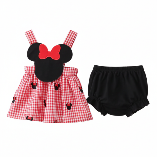 RED CHARACTER EMBROIDERY GINGHAM BLOOMER SET