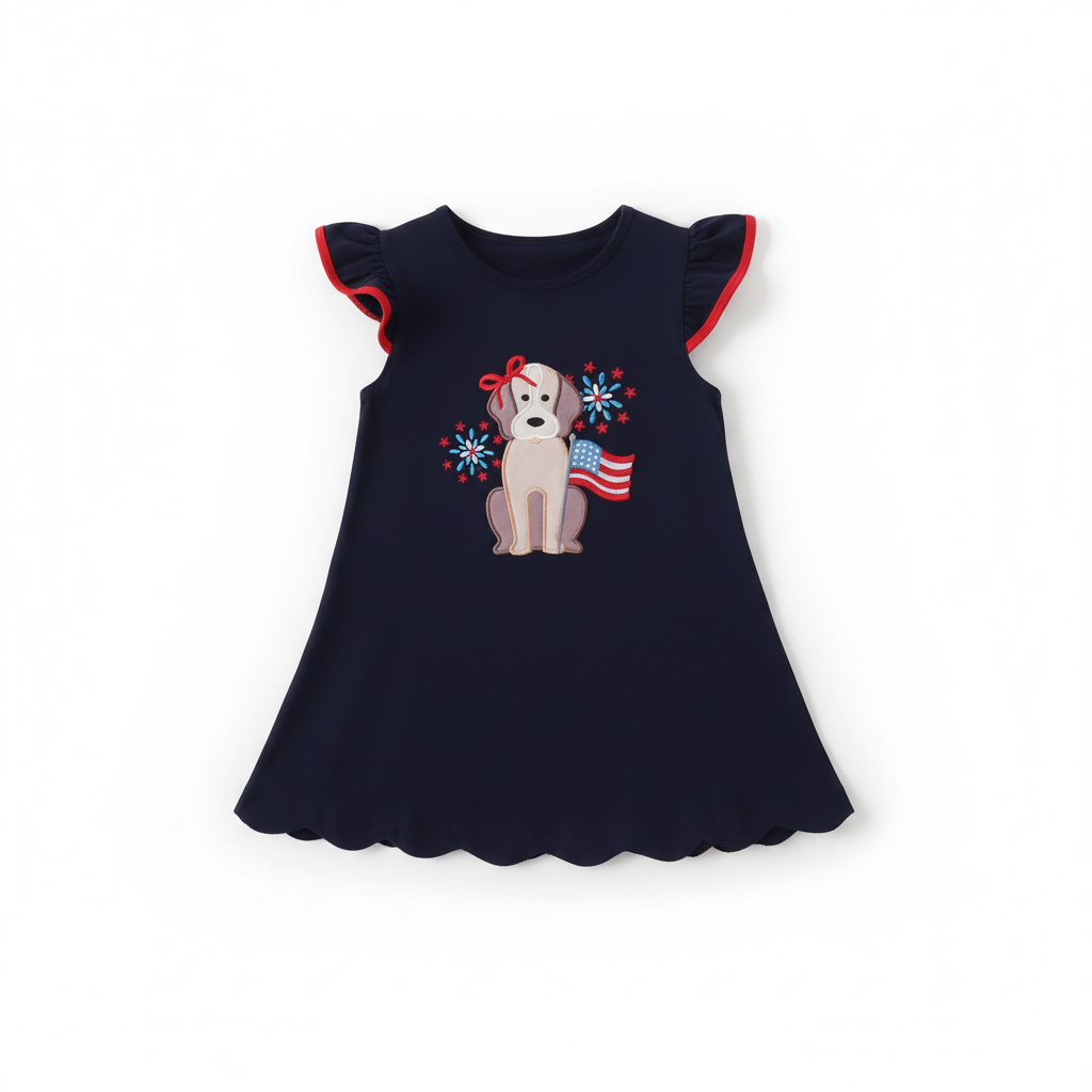 NAVY PUPPY FIREWORKS APPLIQUE RUFFLE DRESS