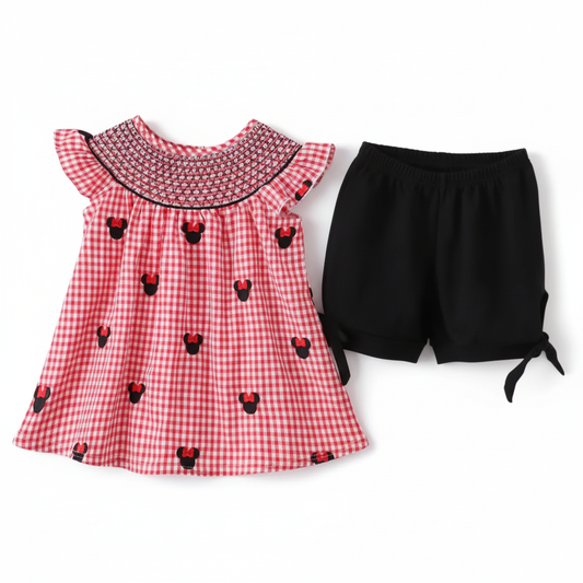 RED CHARACTER SMOCKED GINGHAM SHORTS SET