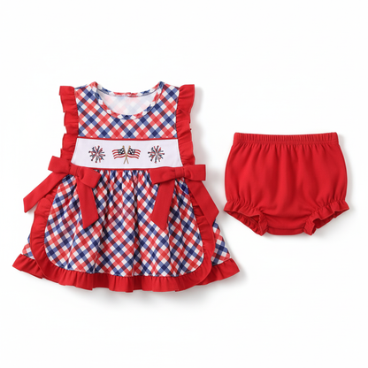 RED FLAG FIREWORKS EMBROIDERY RUFFE BLOOMER SET
