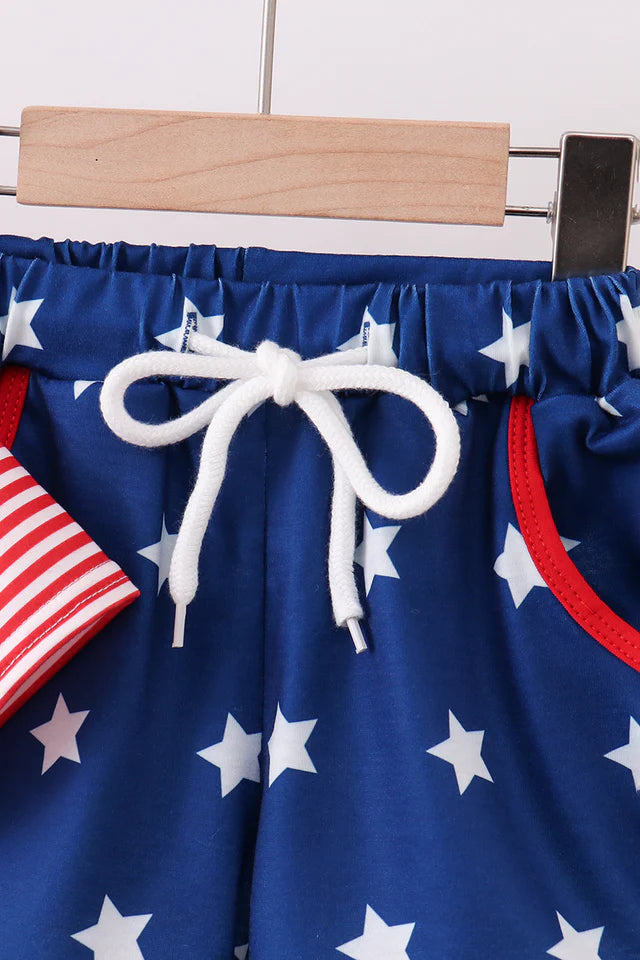 Red stripe star appliqué shorts set