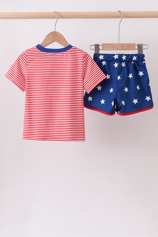 Red stripe star appliqué shorts set