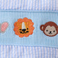 BLUE SEERSUCKER ANIMAL SMOCKED BUBBLE