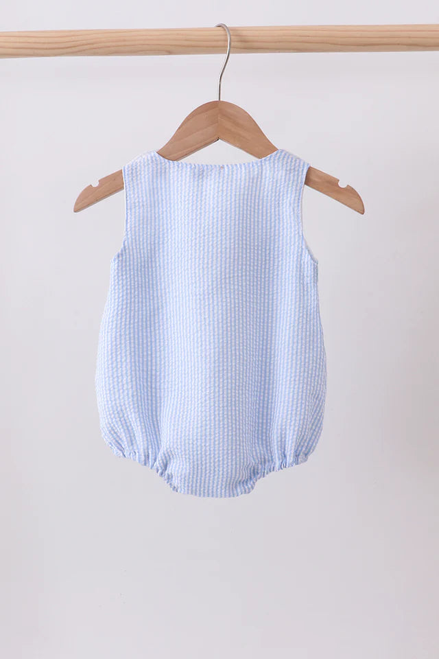 BLUE SEERSUCKER ANIMAL SMOCKED BUBBLE