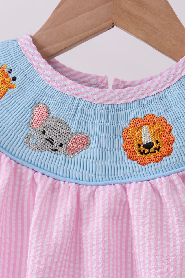 PINK SEERSUCKER ANIMAL SMOCKED RUFFLE BUBBLE