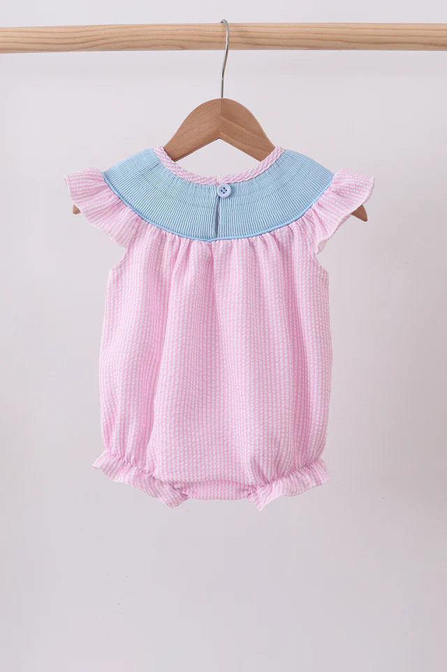 PINK SEERSUCKER ANIMAL SMOCKED RUFFLE BUBBLE
