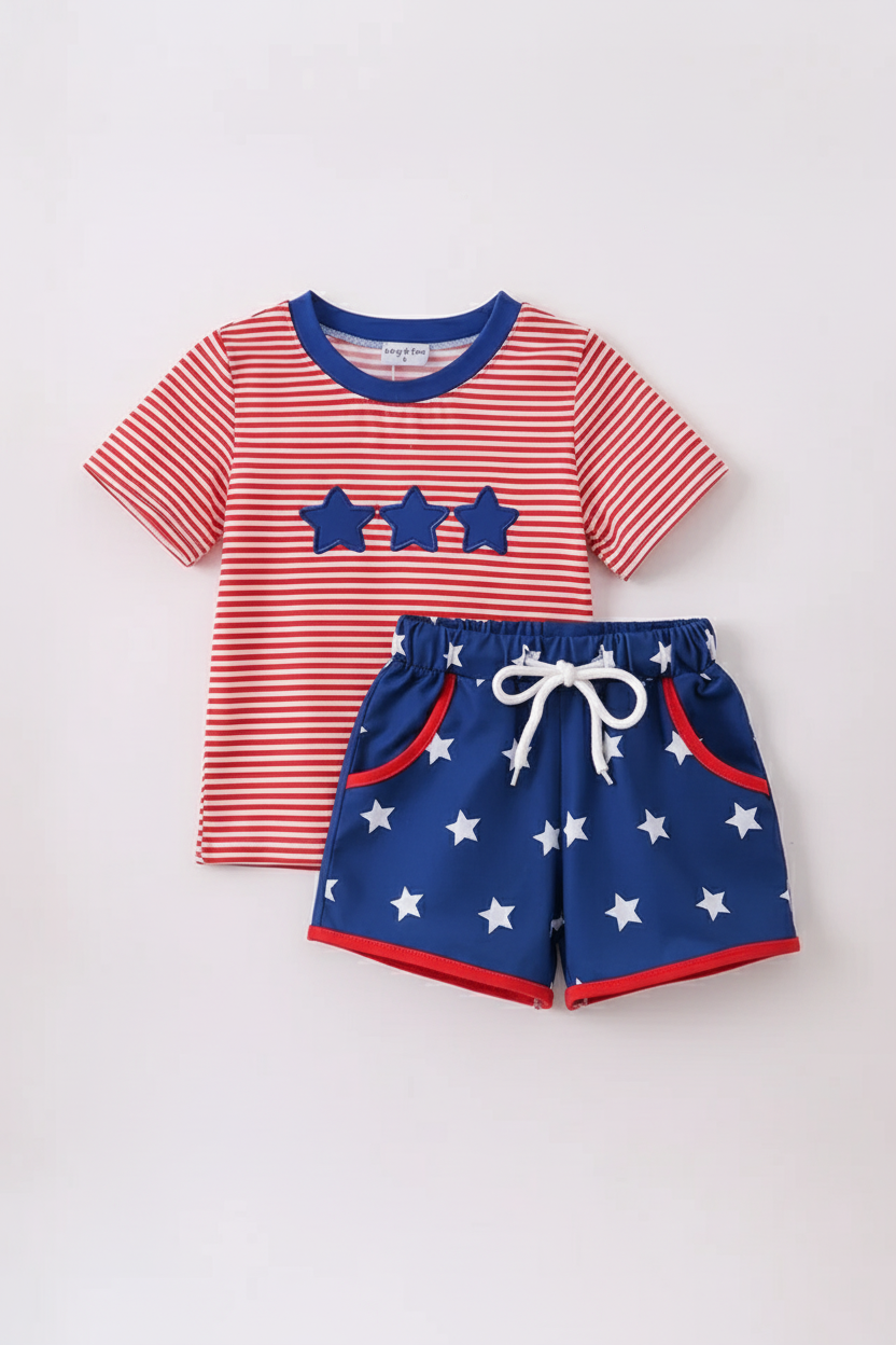 Red stripe star appliqué shorts set