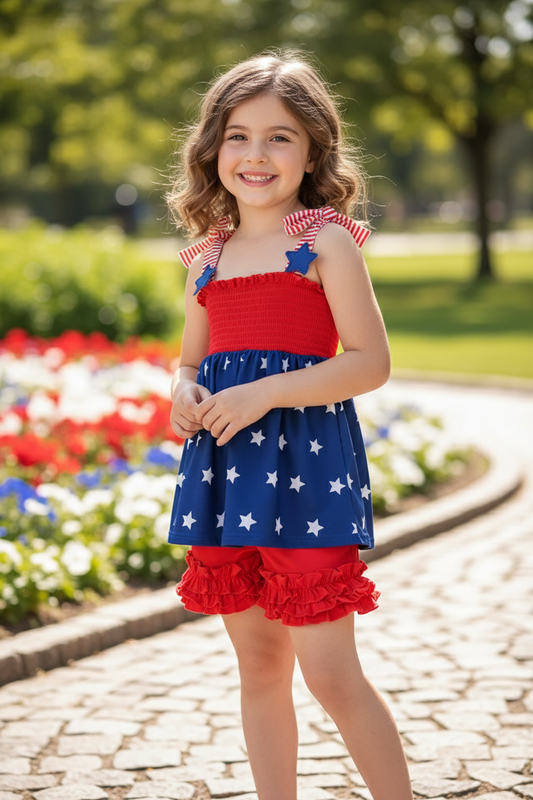 BLUE STAR SMOCKED RUFFLE SHORTS SET