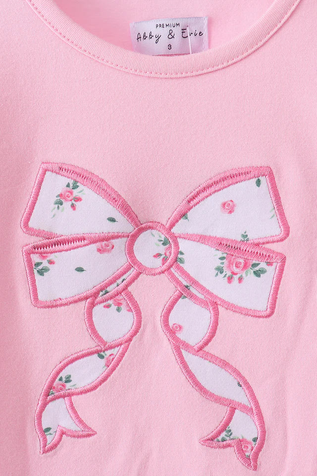 PINK BOW APPLIQUE FLORAL SHORTS SET