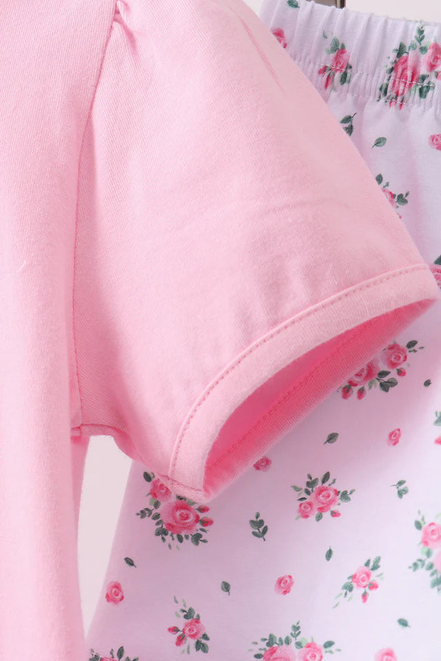 PINK BOW APPLIQUE FLORAL SHORTS SET