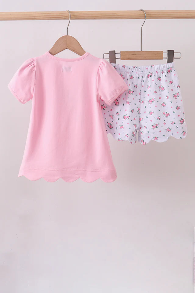 PINK BOW APPLIQUE FLORAL SHORTS SET