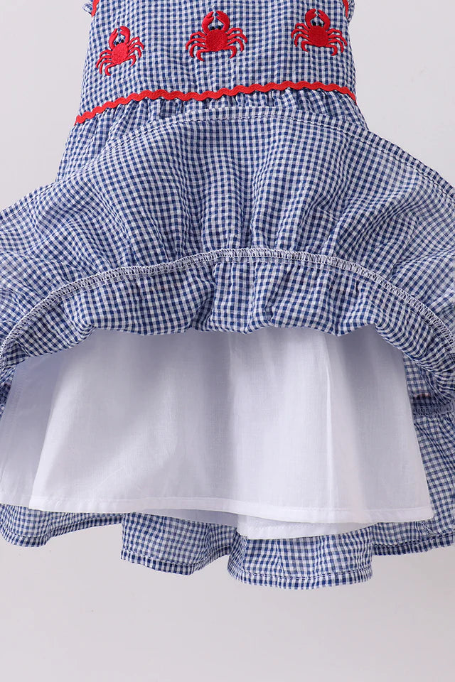 BLUE CRAB EMBROIDERY GINGHAM TIERED DRESS